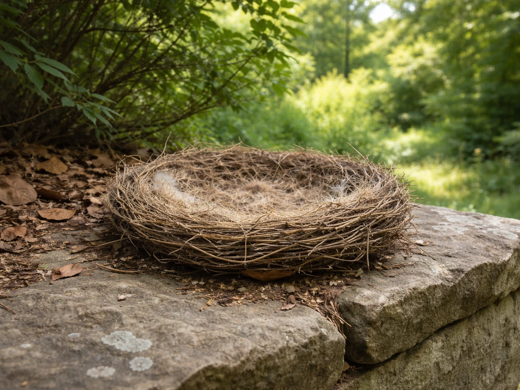 Platform nest model on a sheltered outdoor stone ledge with nearby shrubs.