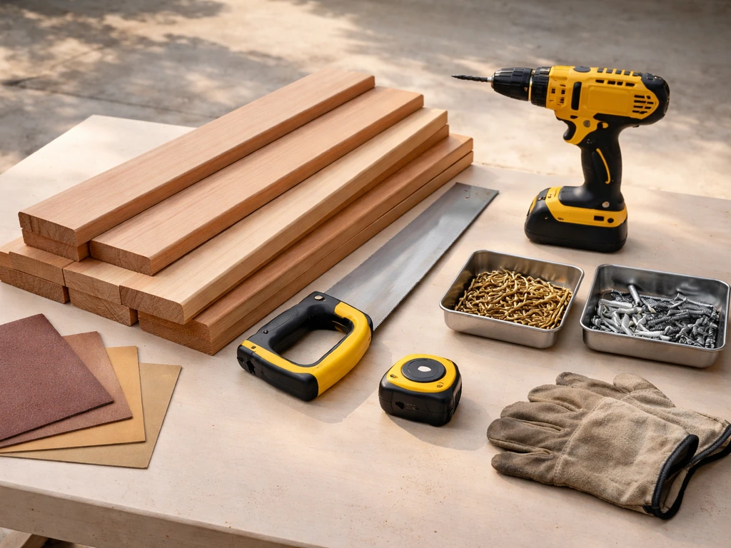 Cedar boards and bird-bench tools laid out on a workbench with brass and galvanized hardware.