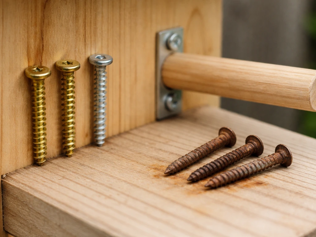 Close-up of brass and galvanized screws beside rusty steel screws on a wooden birdhouse frame