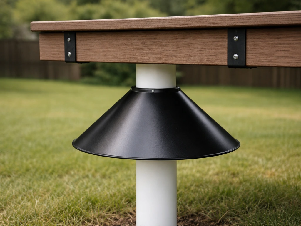 Outdoor bench mounted on a smooth PVC post with a cone squirrel baffle below to prevent predators.