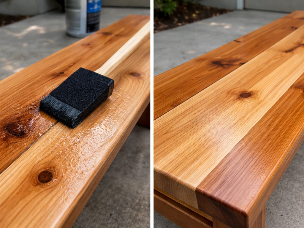Close-up of sanded cedar bench with thin foam-brush application of clear water-based polyurethane, showing smooth readin