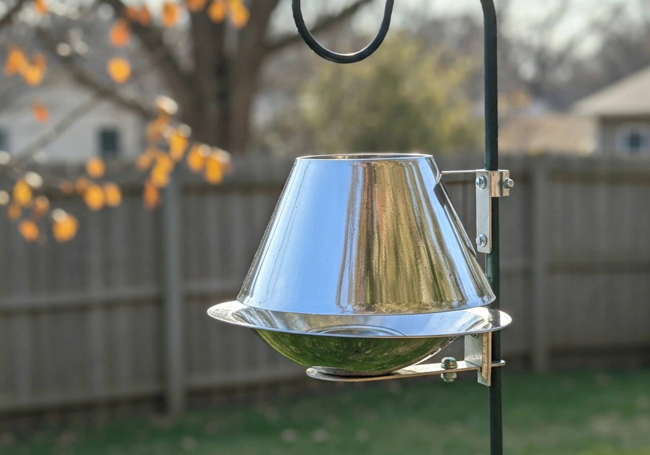 Side view of a finished DIY bird baffle mounted above a backyard bird feeder.