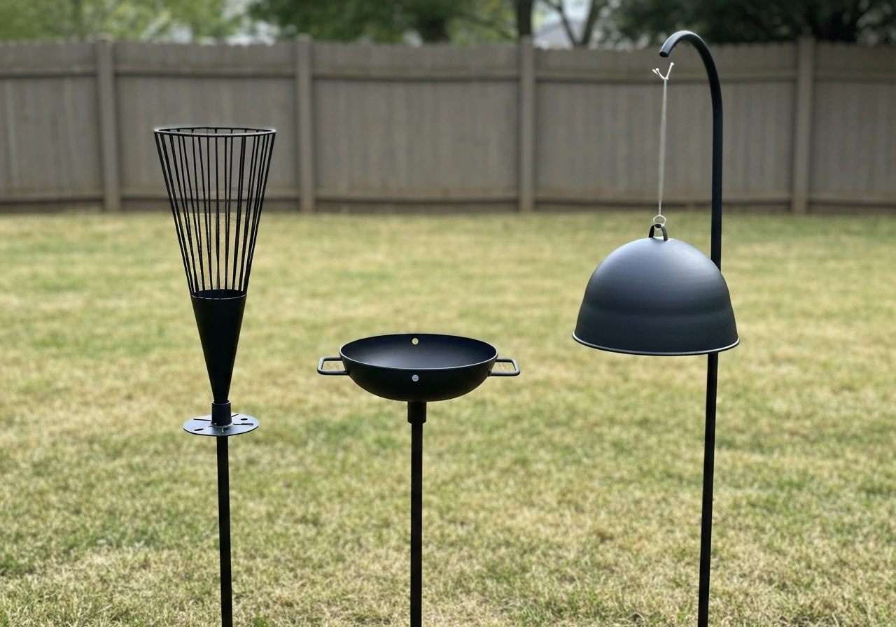 Three baffle styles beside a pole-mounted bird feeder setup, showing squirrel climb-blocking design.