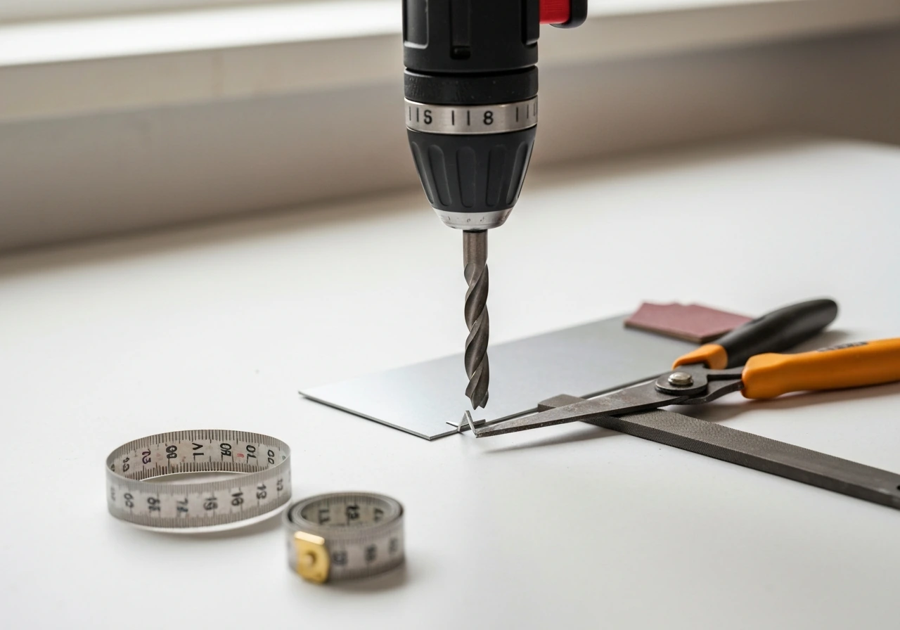 Close-up of a cordless drill with step bit cutting sheet metal, with tin snips, file, sandpaper, and a tape measure.