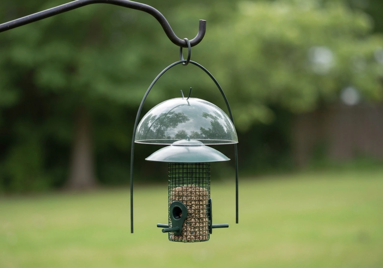 Wire-suspended feeder with a simple dome baffle blocking access above the feeder