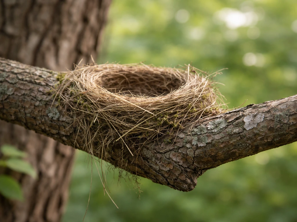 A small finished mini bird nest on a tree branch, with natural lining ready for DIY placement.