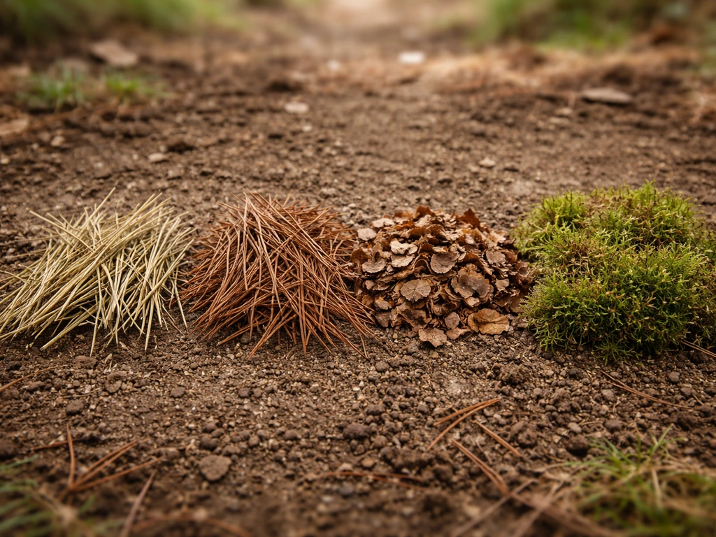 Close-up of short dried grasses, pine needles, crumbled dried leaves, and natural moss laid out as nest material