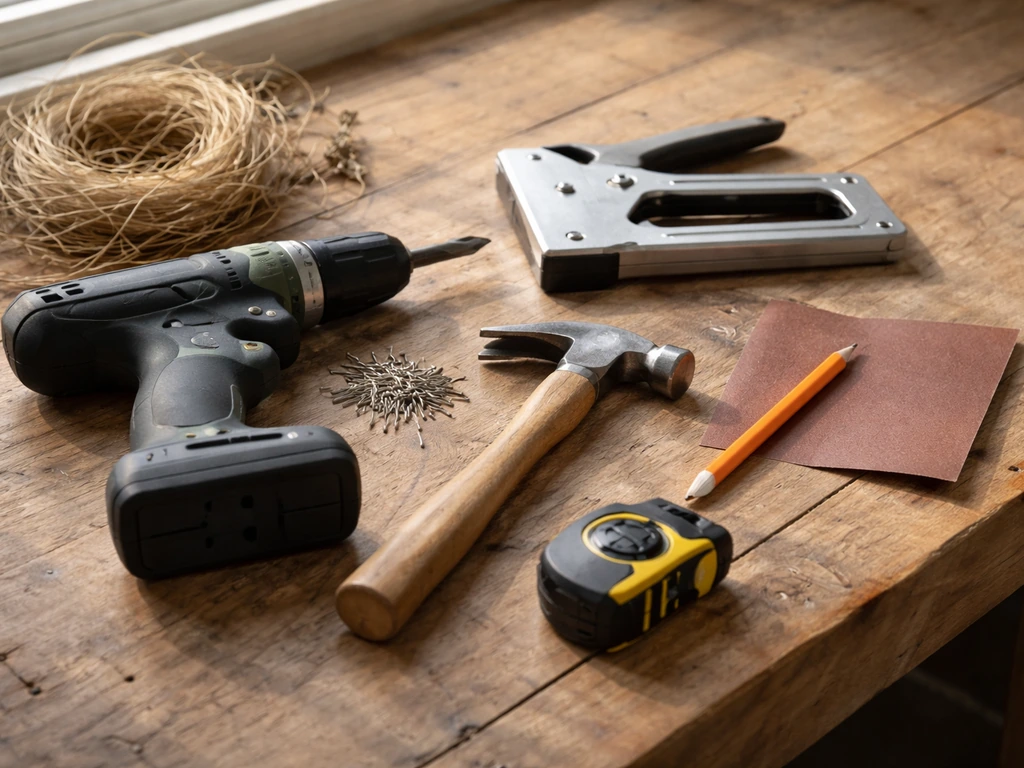 Assorted DIY tools laid out on a wooden table for building a small bird nest.