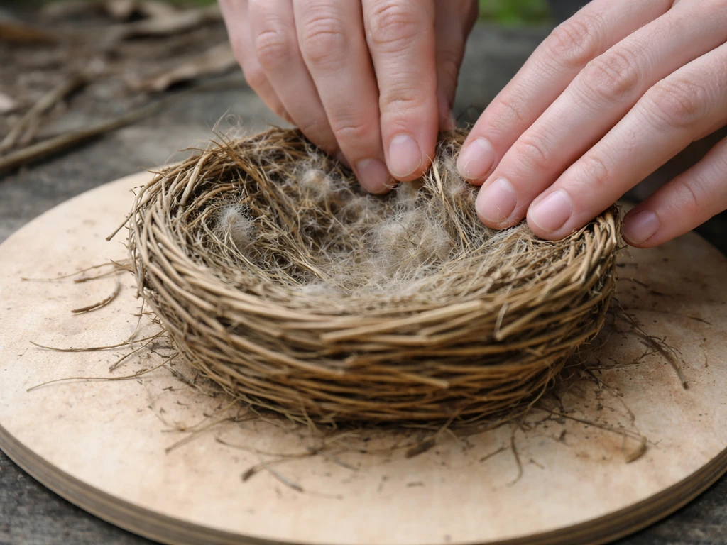 Close-up of a shallow wicker cup nest on untreated plywood, lined with grass and fibers.