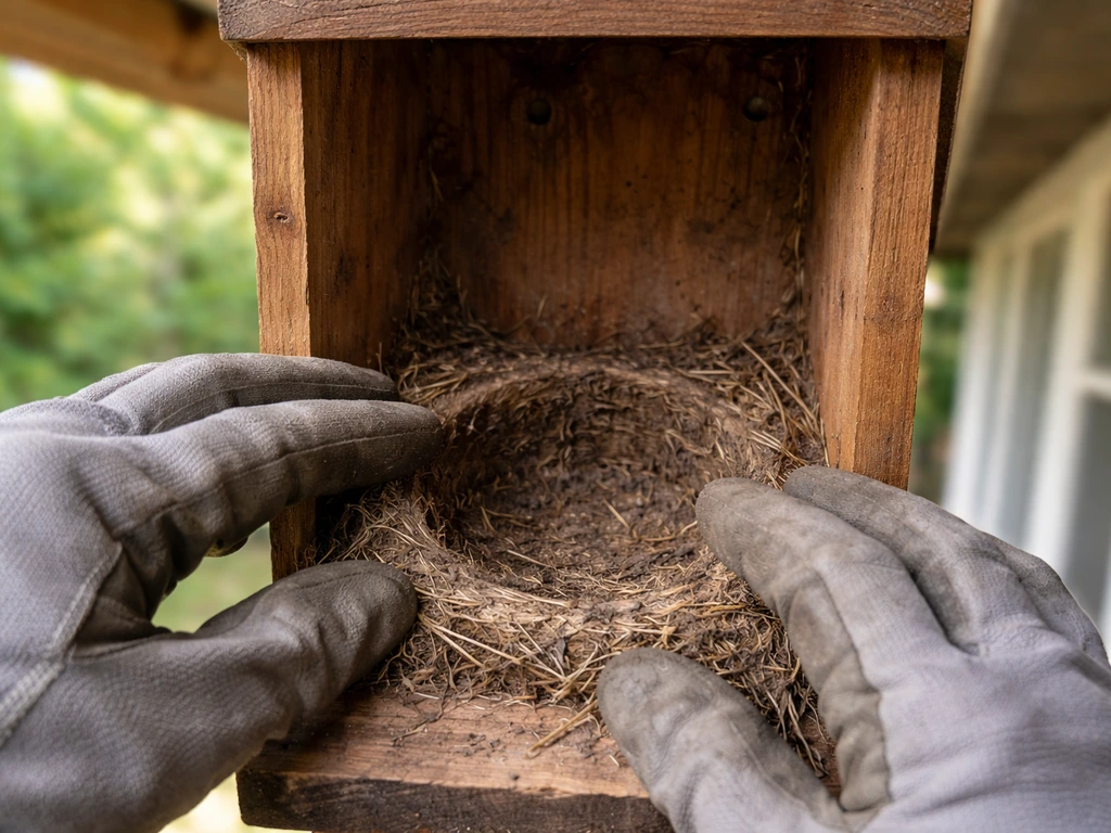Gloved hands inspecting an empty bird nest box after old nest material was removed.