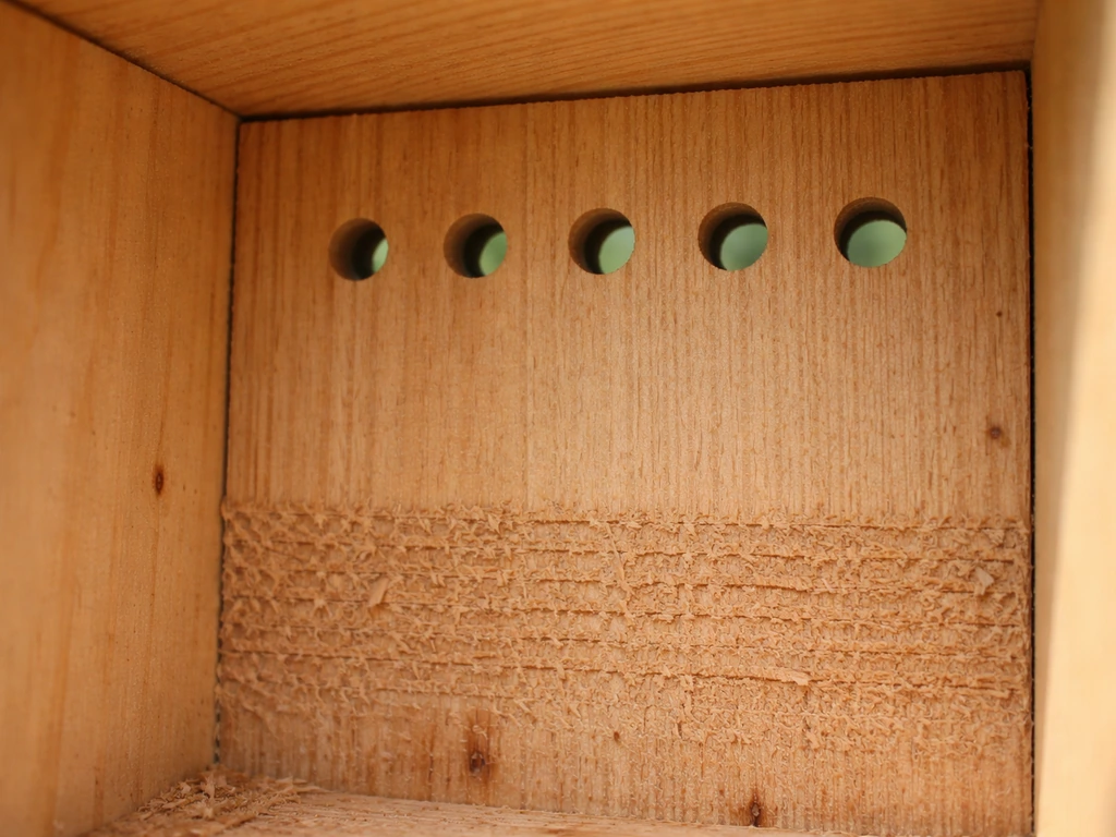 Close-up of a nest box side panel with small drilled ventilation holes and rough interior texture for grip.