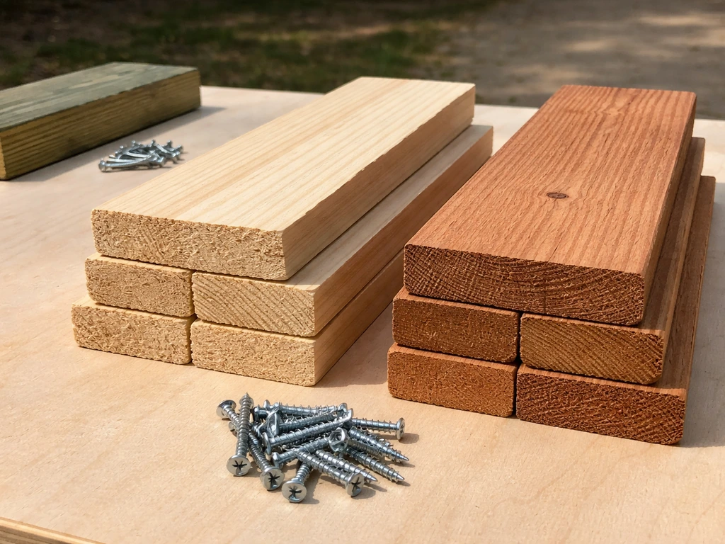 Untreated pine and cedar boards with galvanized screws on a clean workbench, separated from unsafe wood