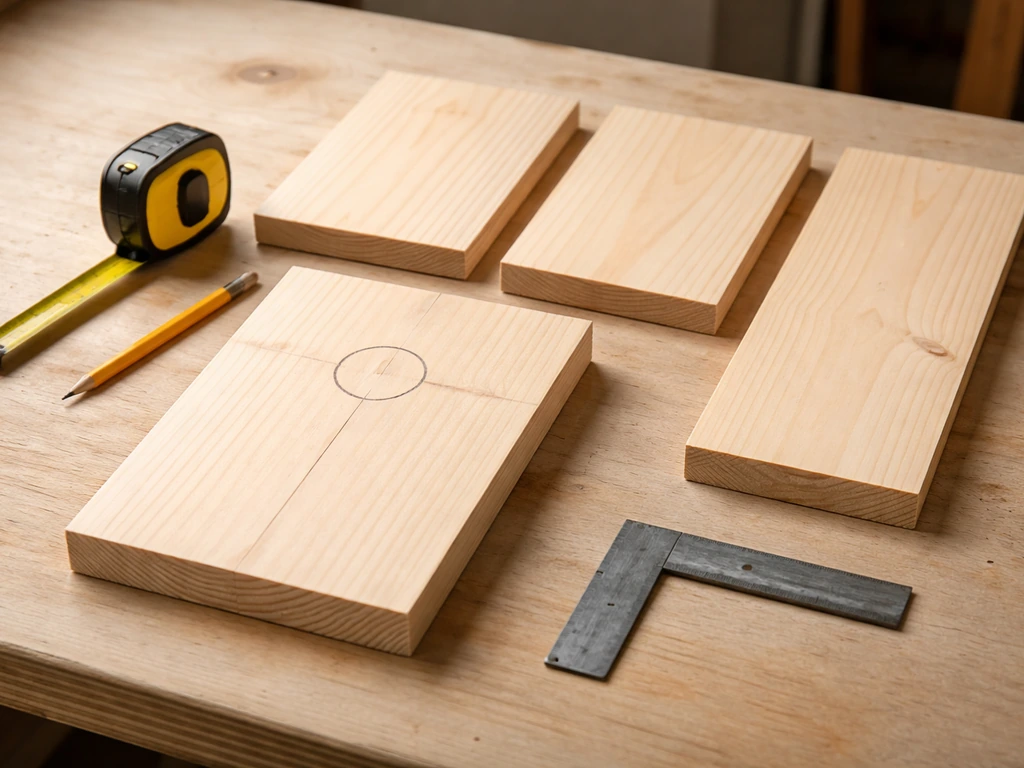 Precut wooden nest box panels on a workbench with a centered entrance-hole pencil mark on the front panel.