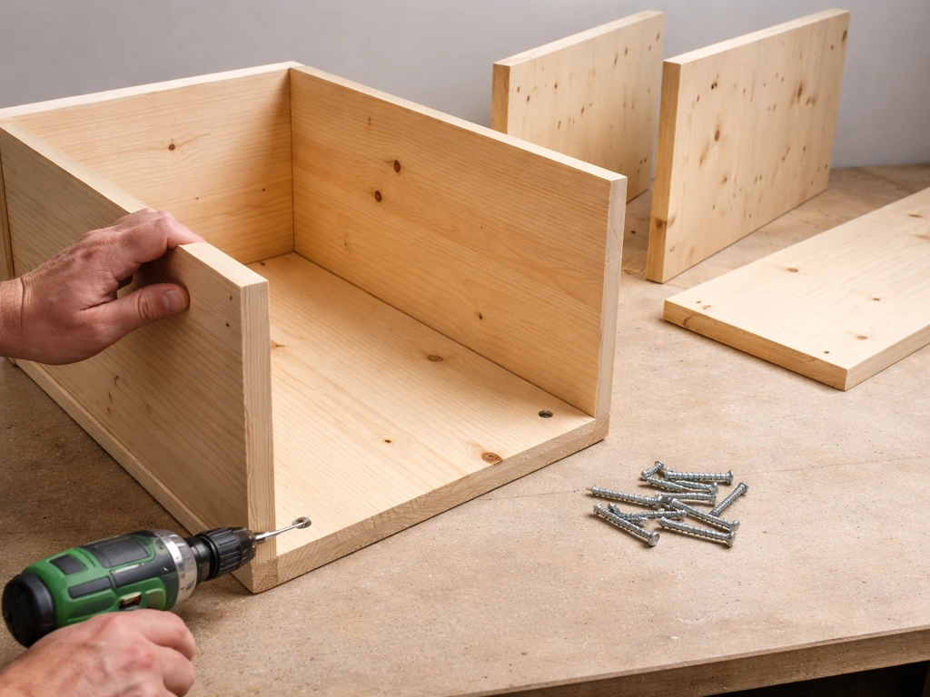 Hands tightening galvanized screws as a wooden floor panel attaches to the back of a shed box.