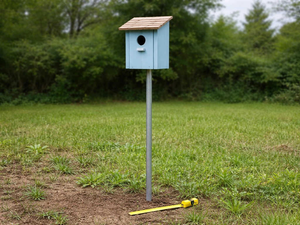 Bluebird nest box mounted on a metal stake at about 5 feet, with simple ground-height context nearby.