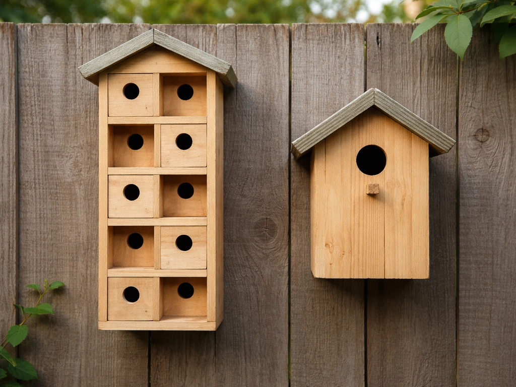 Close photo of a small multi-compartment bird hotel with several entrance holes beside a single birdhouse