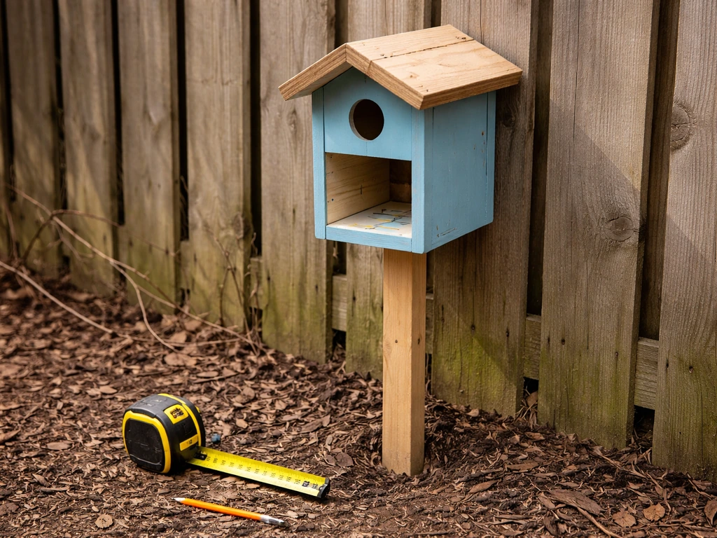 Close-up of a bird hotel mockup on a yard stake with measuring tape and clear mounting marks.