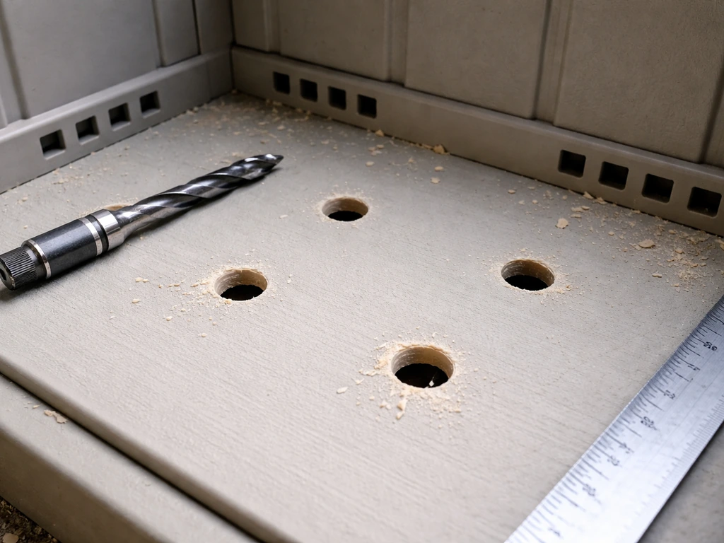 Close-up of a compartment floor with several drilled drainage holes and ventilation gaps, with a drill bit nearby for si