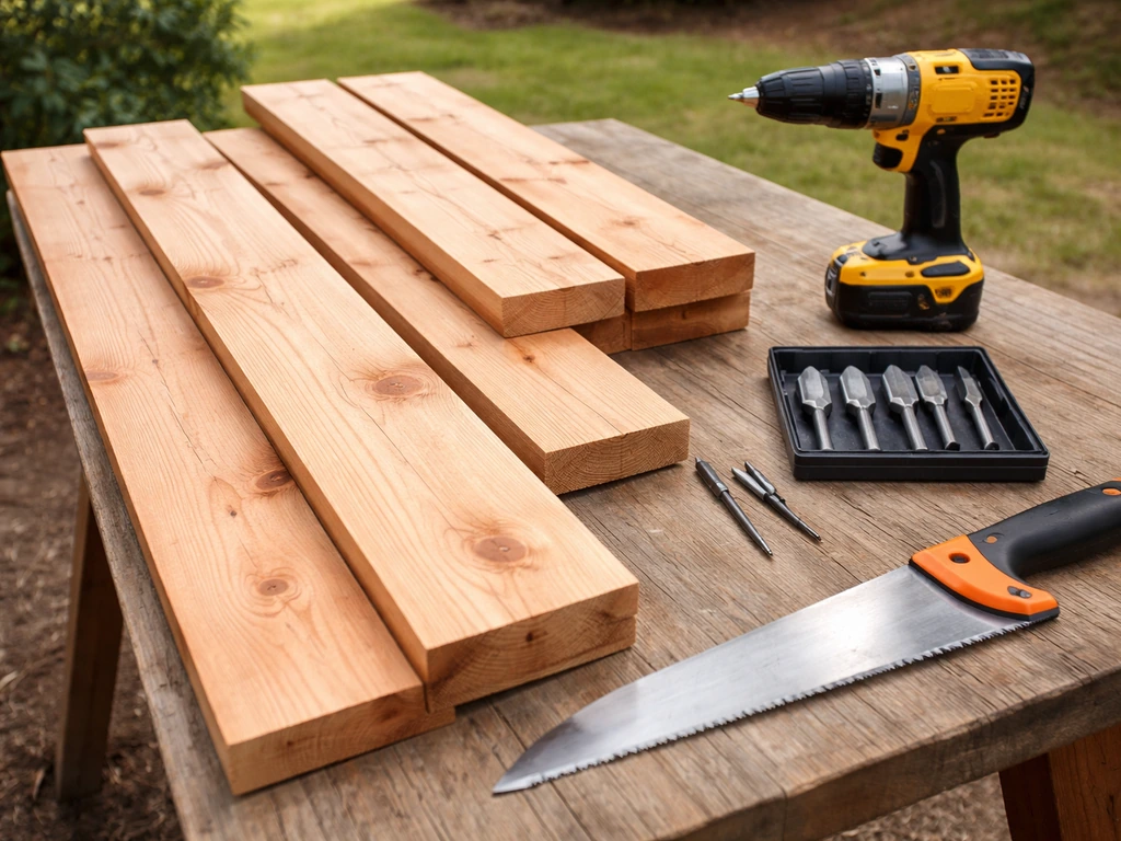 Untreated cedar boards with a drill and hole-saw bits arranged on a workbench
