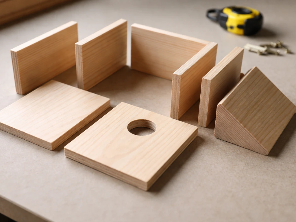 Close-up view of an unassembled chickadee birdhouse frame with labeled-size wood pieces on a workbench