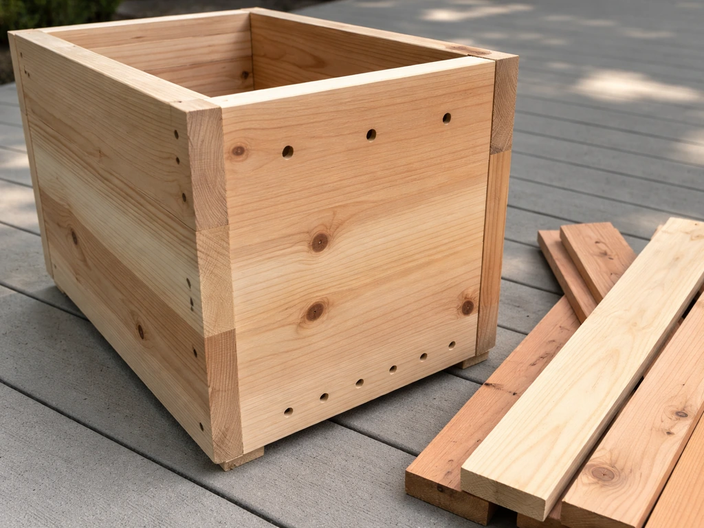 Close-up of wooden side panels with ventilation holes near the top and drainage holes at the bottom; boards in frame.