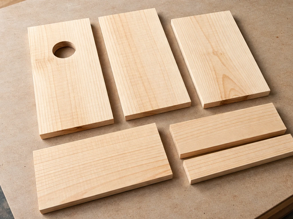 Unfinished wooden cut pieces laid out on a workbench, with a centered entrance hole 7" above the bottom.
