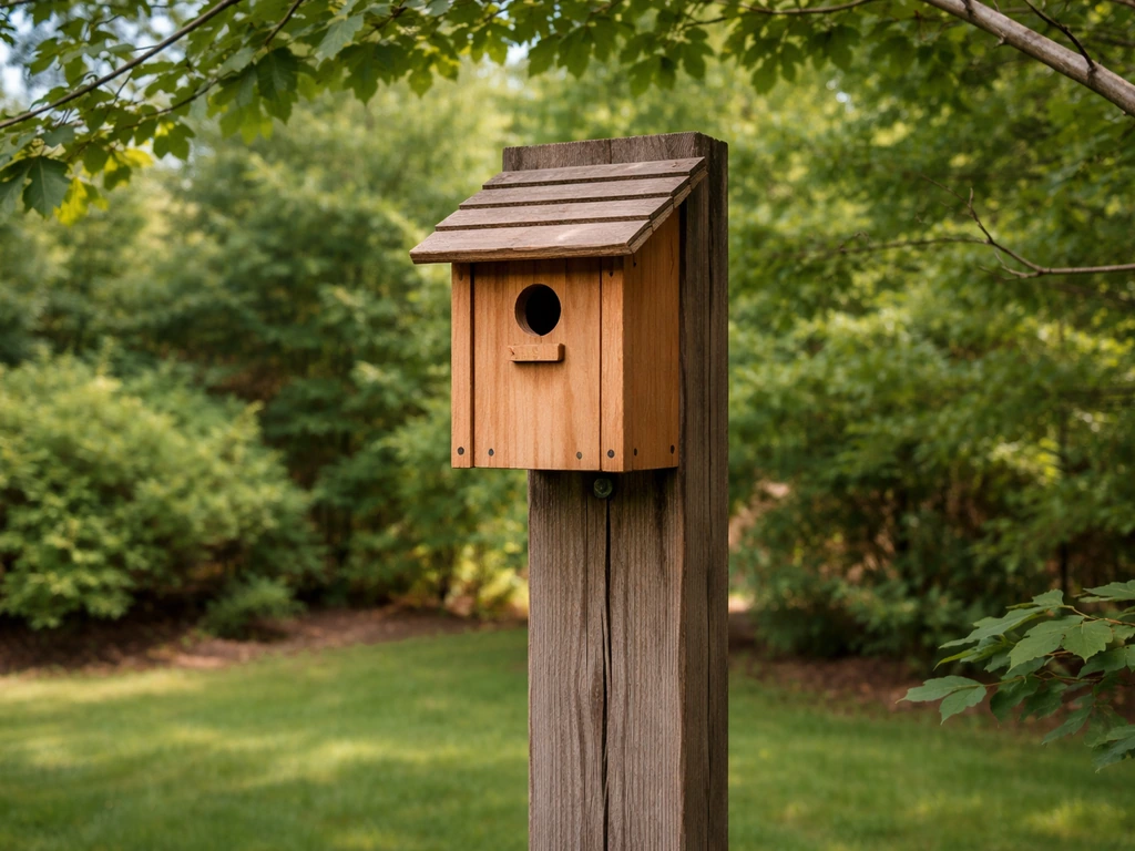 Chickadee birdhouse mounted 6–10 ft high on a post with the entrance facing away from wind direction.