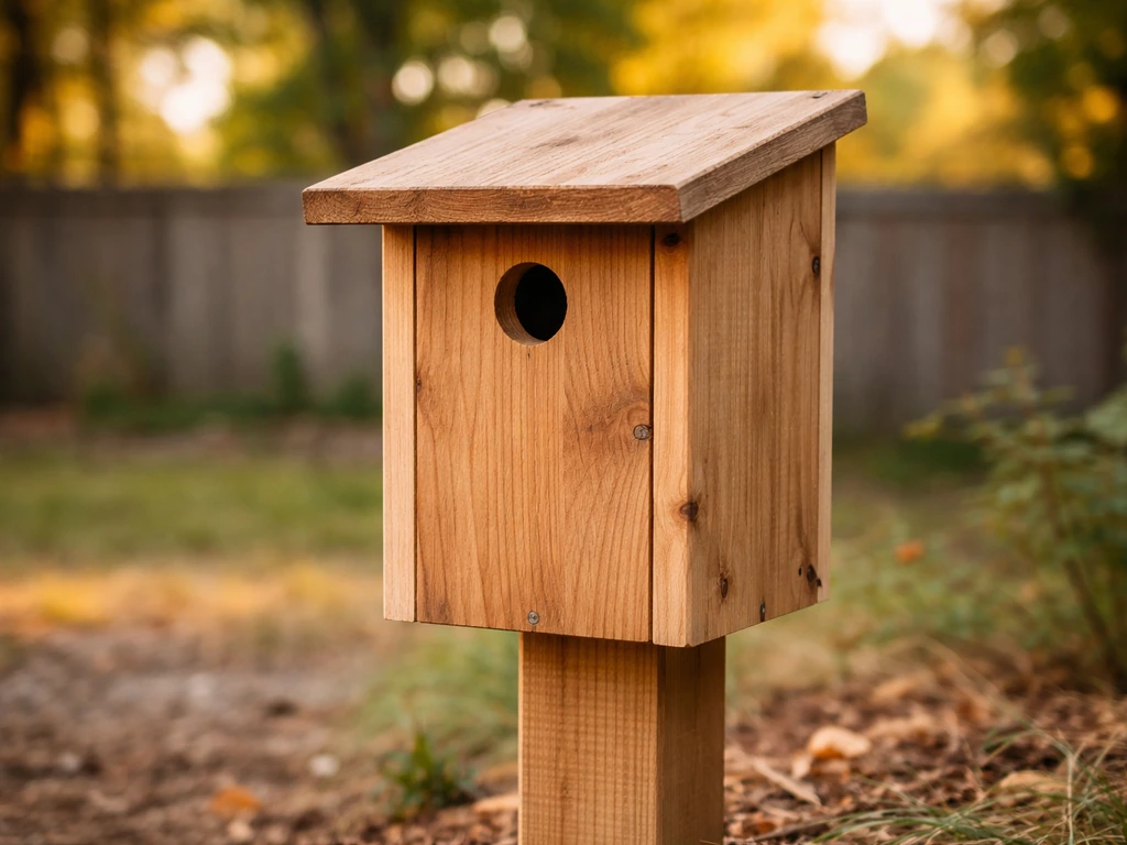 Golden-hour backyard view of a cedar bird nest box with roof overhang and round entrance hole.