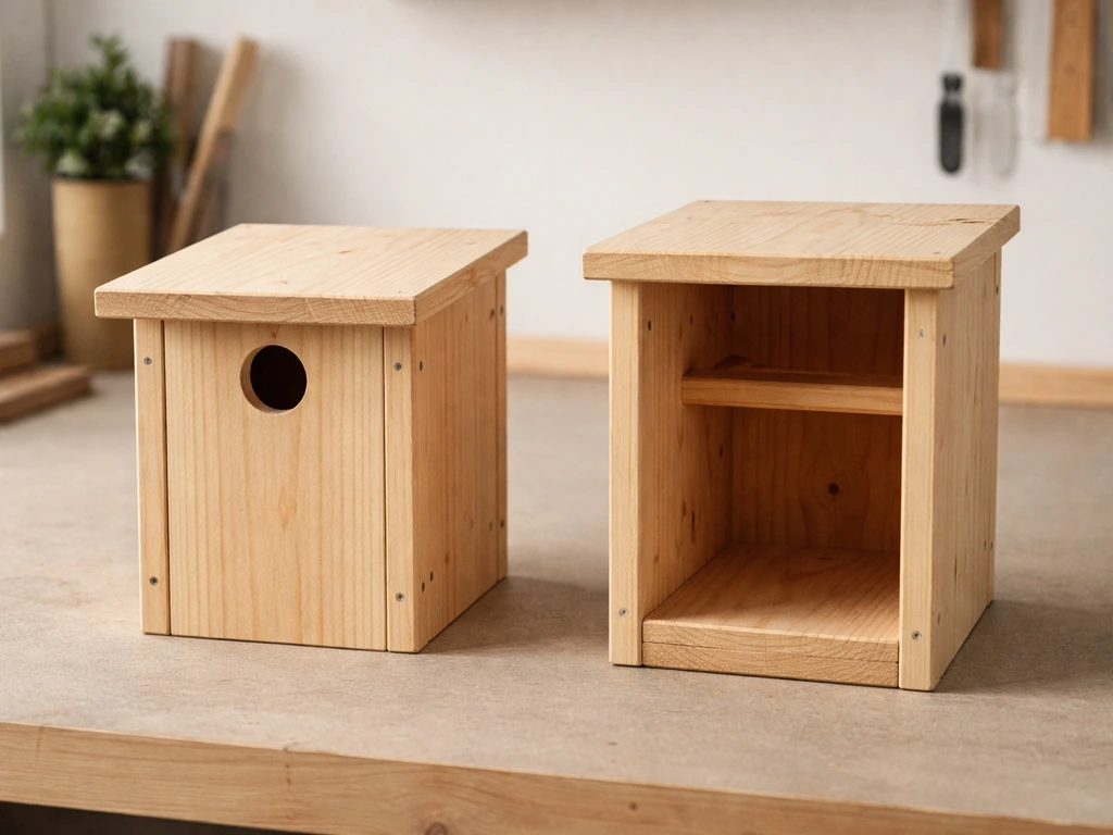 Side-by-side photo of a DIY nest box cavity and a roosting box with simple entrance openings