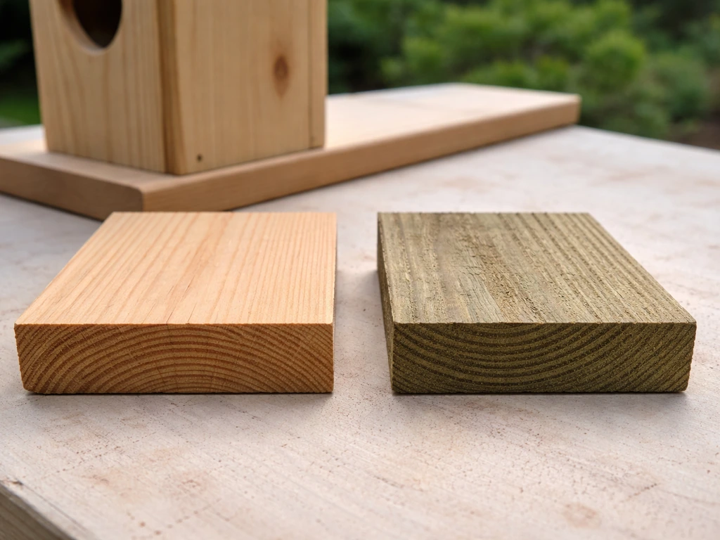Side-by-side untreated cedar/pine and pressure-treated boards near a nest box corner, highlighting safe vs unsafe.