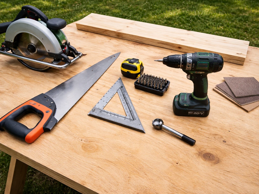 Tools for building a nest box laid out on a wooden bench: saw, drill, bits, sandpaper, tape measure.