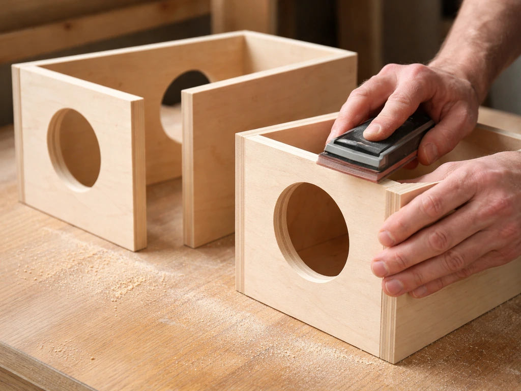 Hands sanding the smooth entrance hole on a wooden panel while front and back panels are dry-fitted nearby.