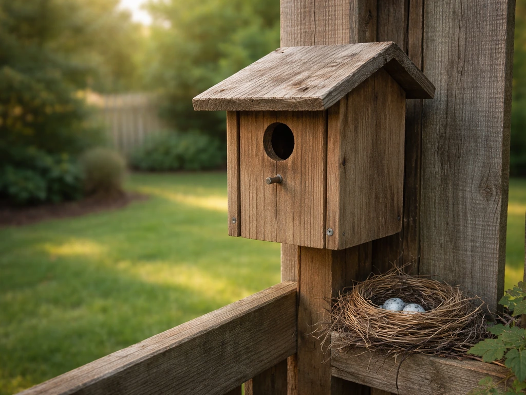 Finished wooden DIY birdhouse with a nearby twig nest in a quiet backyard yard.