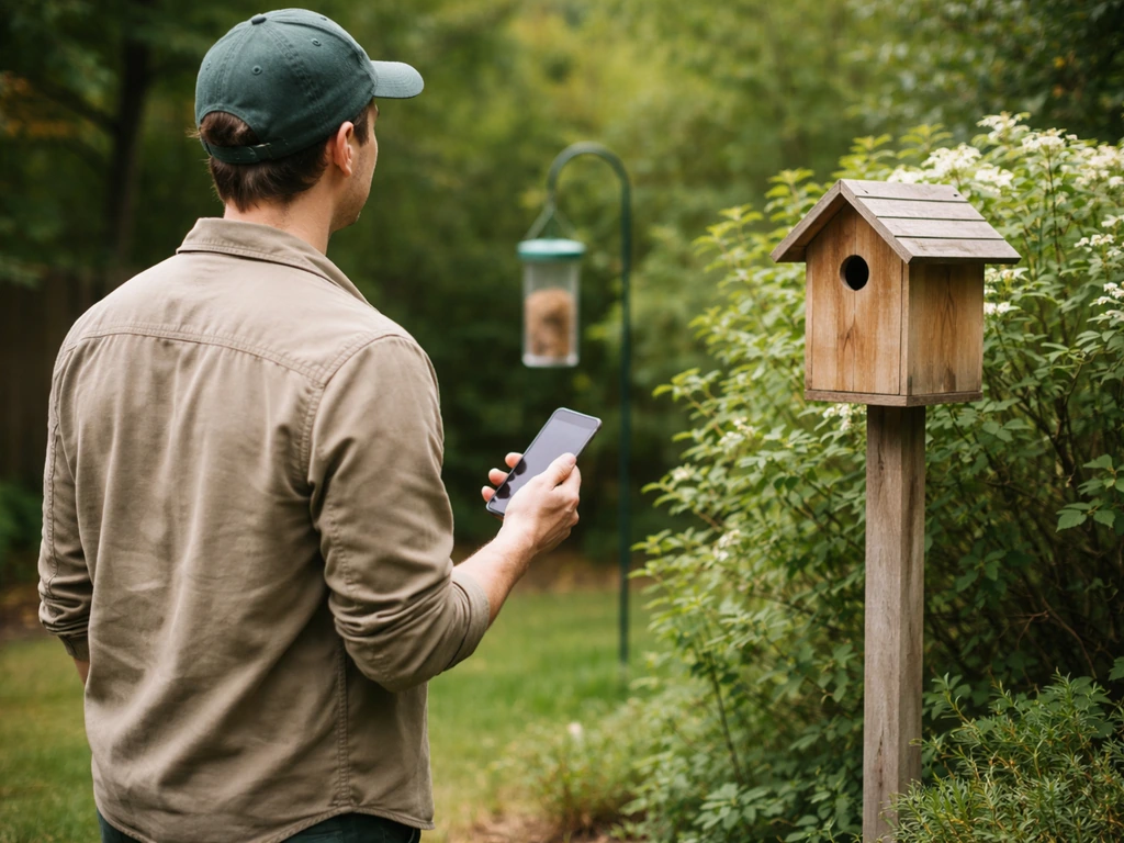 Person in a backyard checks a bird house and uses a smartphone during a cavity-nesting habitat survey.