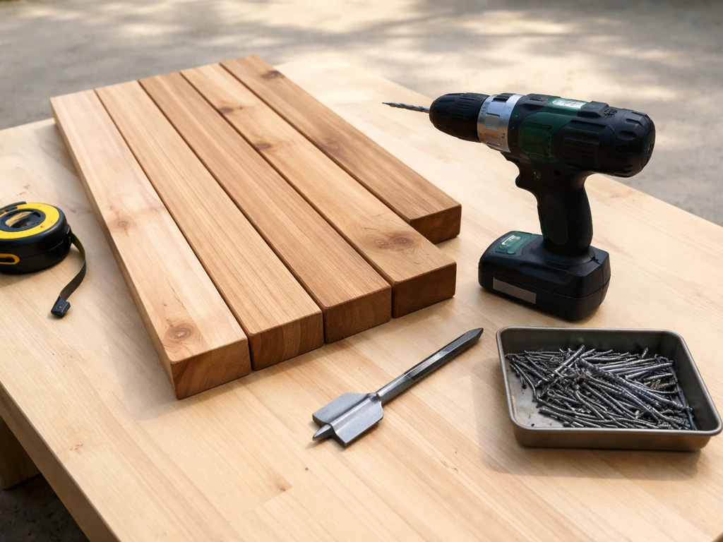 Untreated cedar boards with a tape measure, drill, spade/Forstner bit, and galvanized screws/nails on a work surface.