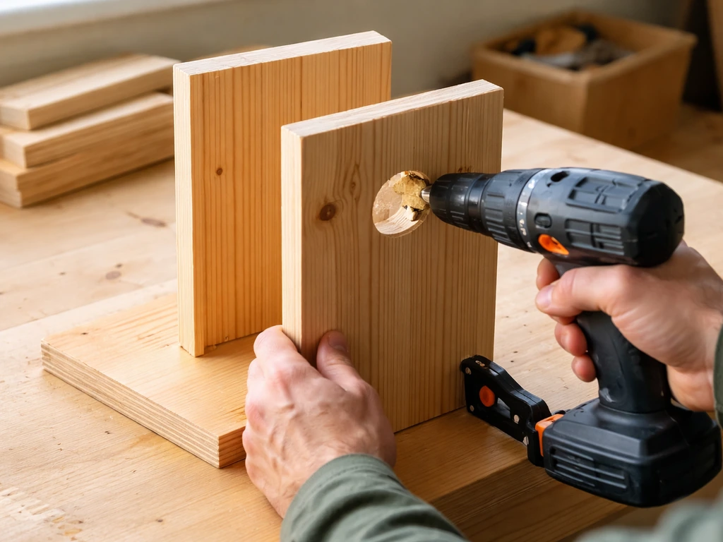 Close-up of hands assembling a small birdhouse carcass on a workbench with a drill near an entrance hole.