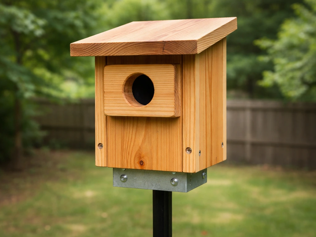 Unpainted cedar/cypress birdhouse exterior with a predator guard baffle and mounting hardware on a pole