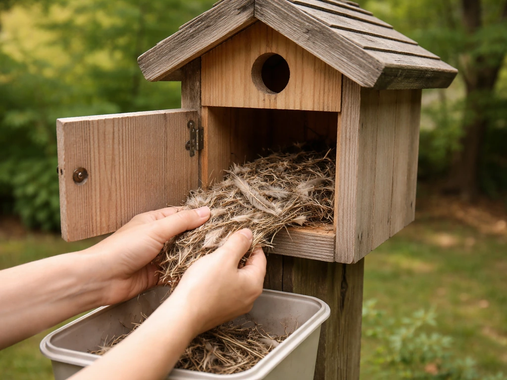 Hands carefully removing old nesting material from an open cleanout door of a wooden birdhouse.