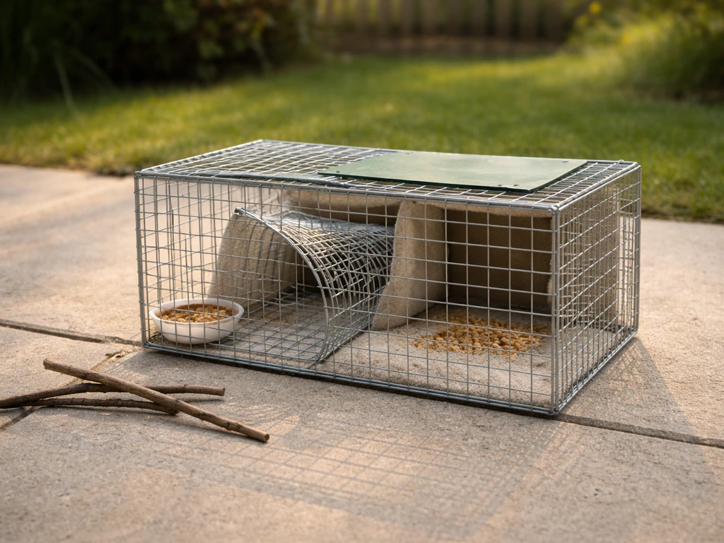 Humane funnel-entry cage trap with bait station on a backyard patio, no birds or people visible.