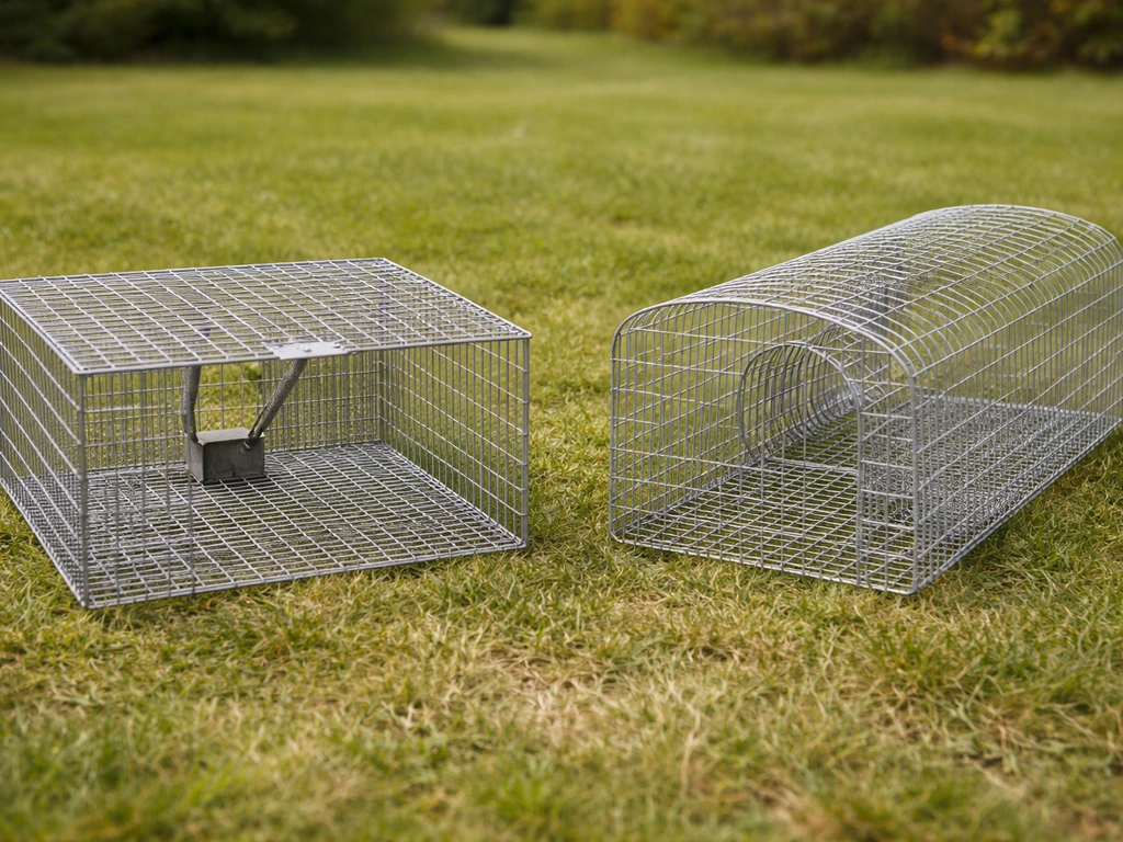 Two separate live bird trap types on grass—drop/box trap and funnel-entry cage—showing entry openings and exits.