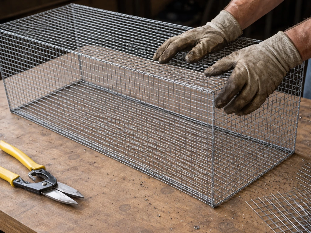 Gloved hands shaping hardware cloth into a rectangular cage frame on a workbench.