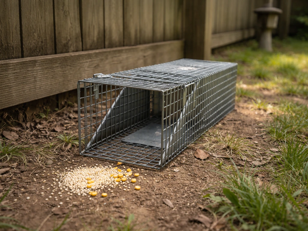 Wildlife live trap along a fence line with millet and cracked corn scattered at the entry.