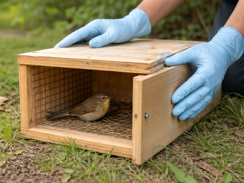 Person in gloves holding a safely contained bird near an open trap access door, ready to release