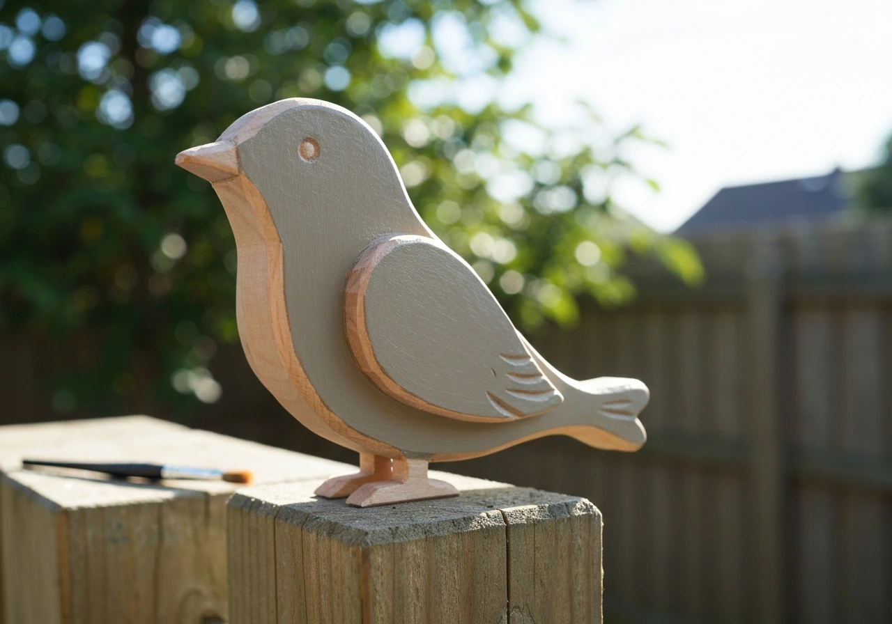 Finished painted wooden bird craft outdoors on a fence post with a weatherproof sheen.