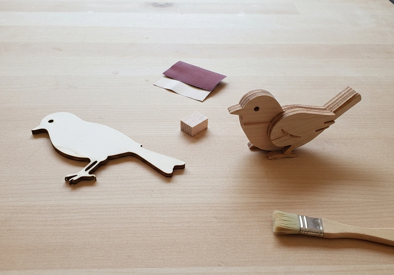 Side-by-side flat plywood bird silhouette and a small 3D assembled wooden bird on a workbench.