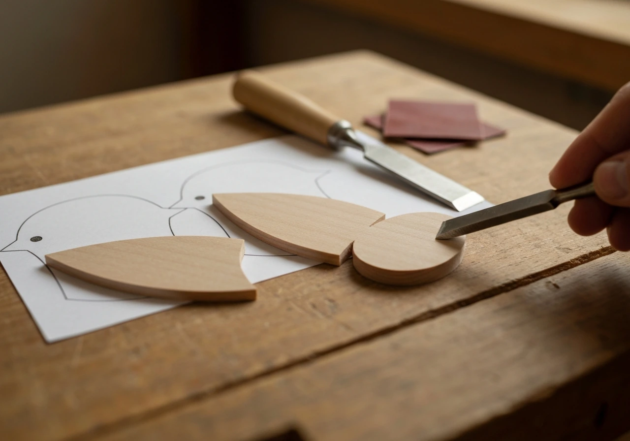 Woodworker’s hands shaping and aligning cut wooden bird body and wings on a bench with a template nearby.