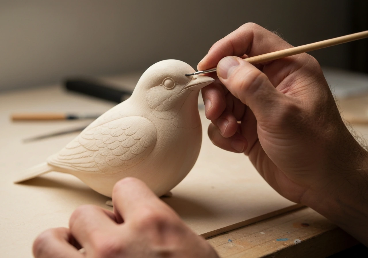 Closeup of hands painting fine details—eyes, beak, and feather pattern—on an unsealed bird model