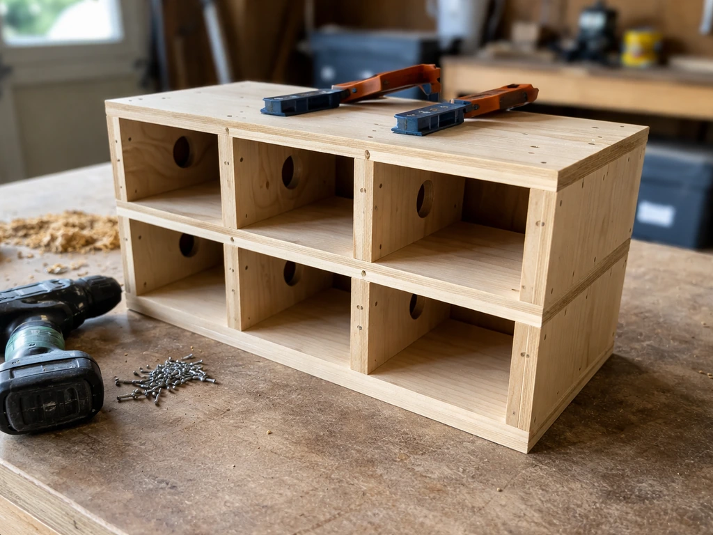 Wooden birdhouse panels assembled into stacked multi-compartment boxes in a workshop