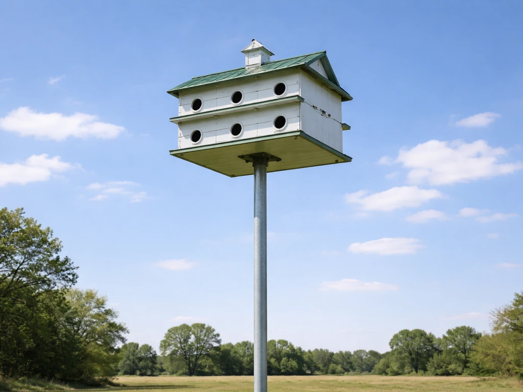 Purple martin house mounted on a tall pole with open unobstructed approach space for nesting