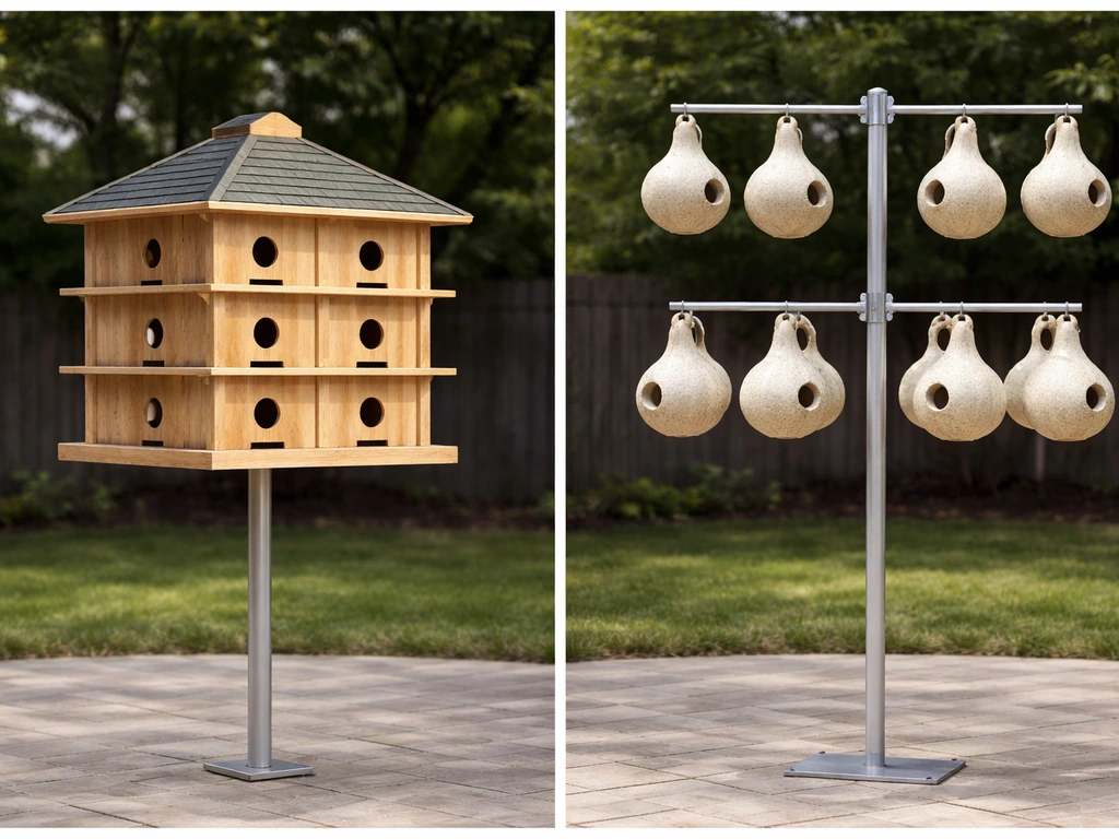 Side-by-side view of a wooden multi-unit martin house and a gourd rack system outdoors.